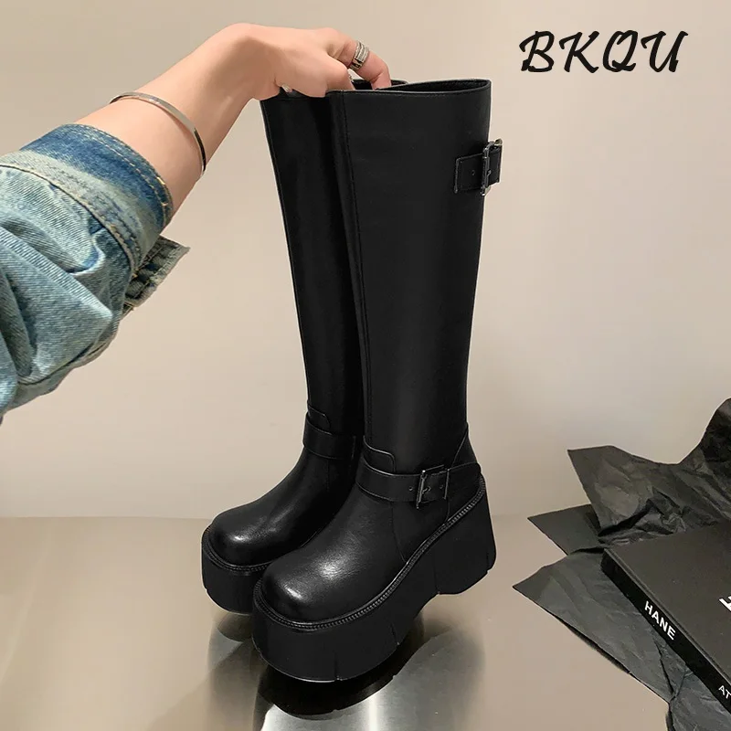 

BKQU Ultra-high Heel Boots Women's Small Height Increase Thick Sole 2024 New Autumn Design Sense Niche Long Tall Knight Boots