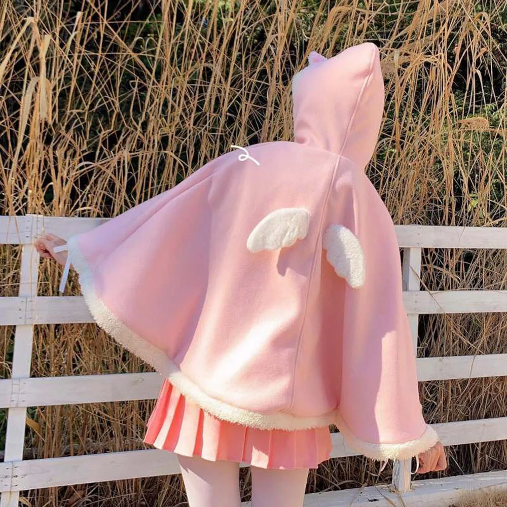 Autumn Winter Kawaii Girl Lolita Cape Coat Faux Fur Cardigan Cat Ears Plush Cloak Women Cute Pink Hooded Poncho Sweet Overcoats