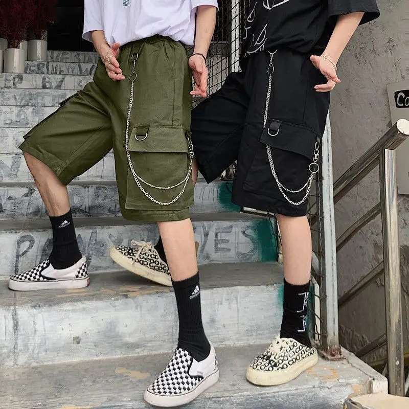 Unisex Y2K Chain Knee Length Shorts Men Male Summer Chic Cargo Capris Pockets Loser Shorts Harajuku Hipster Loose Baggy Shorts