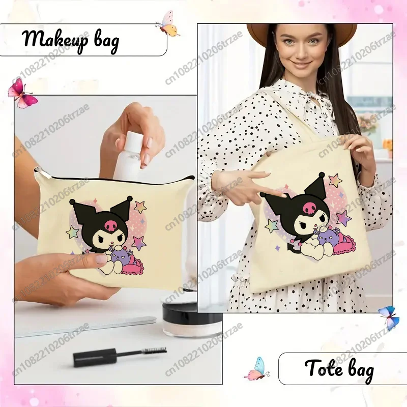 

Women Cute Kuromi with Purple Bow Pattern Handbag Set Casual Large Top-handle Bag Shopping Bags for Lady