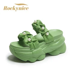 7.5CM Heels Wedge Slippers for Women 2023 Summer Pearl Platform Sandals Woman Thick Bottom Non Slip Beach Flip Flops Size 34-39