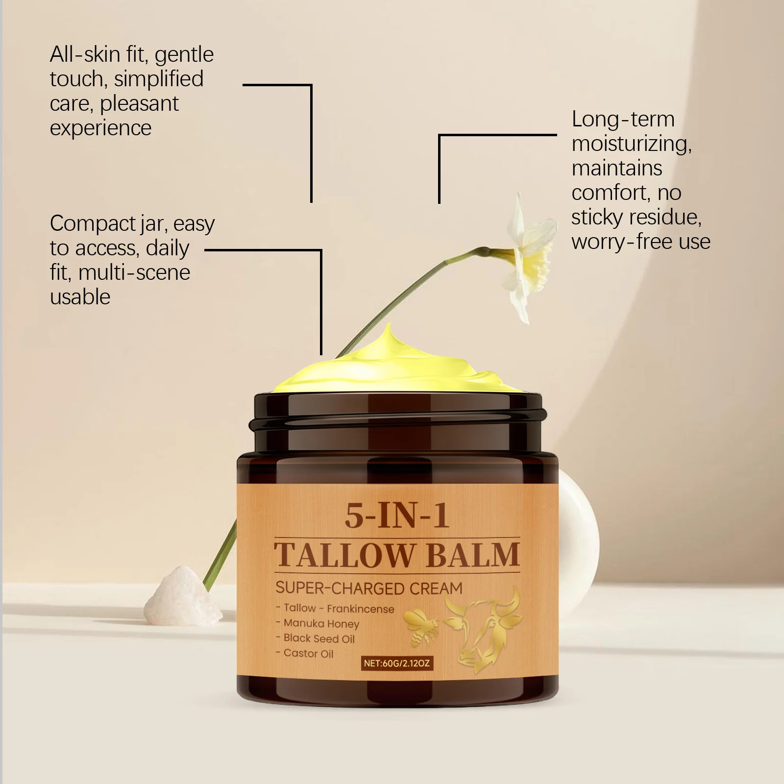 5-in-1 Tallow Balm Nourishing Dry Skin Brightening Repair Wrinkle Remover Smoothing Soft Whipped Beef Tallow Honey Moisturizer