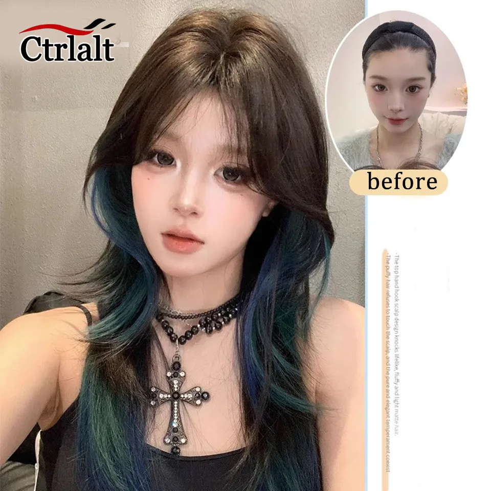 Perruque synthétique bleue pour femme, cheveux longs et lisses, à reflets, tête de mulet de méduse, perruque de Cosplay