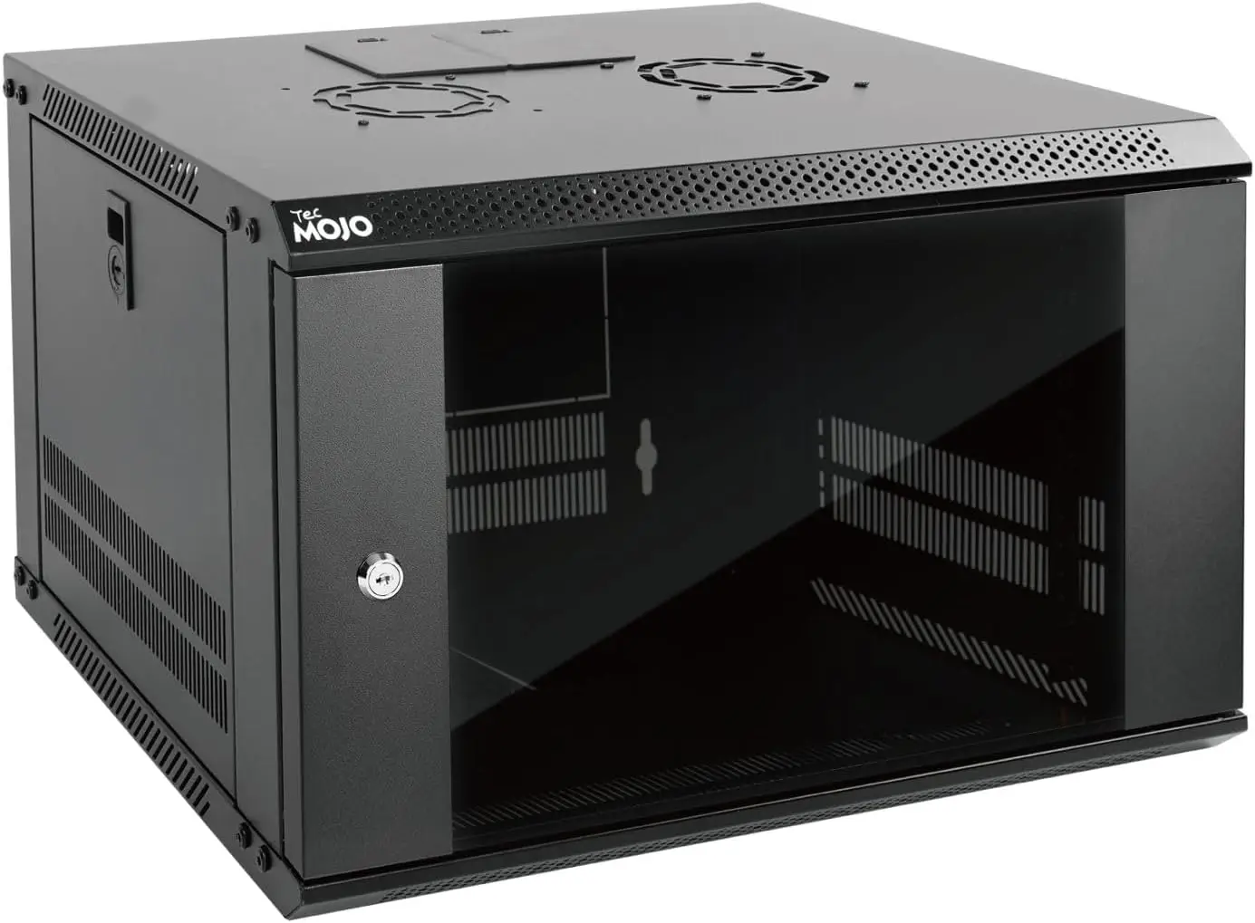 6U Wall Mount Server Cabinet IT Network Rack Enclosure Lockable Door and Side Panels Black, Cooling Fan, Standard Glass Door, 45