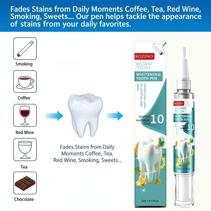 Rozino Teeth Whitening Pen, Compact and Portable in Appearance, Easy to Use and Simple to Operate. The Brush Head Can Adhere Closely to the Tooth Surface, Gently Cleans the Surface Attachments, Has a Gentle Texture That Does Not Irritate the Mouth, and Can Freshen Breath. It Can Be Used at Home or on the Go at Any Time.