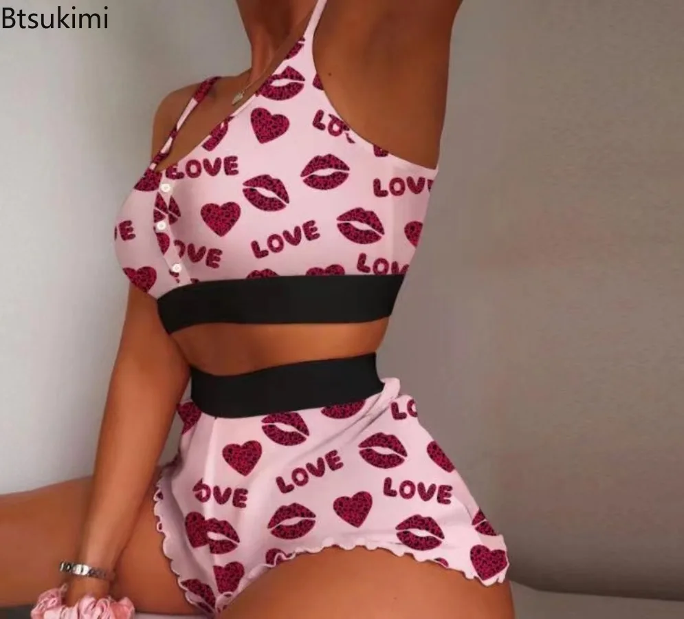 New Summer Leopard Printed Sexy Pajama Sets Women's Fashion Sweet Sling Crop Tops Cool Thin Section Tight Homewear Two Piece Set