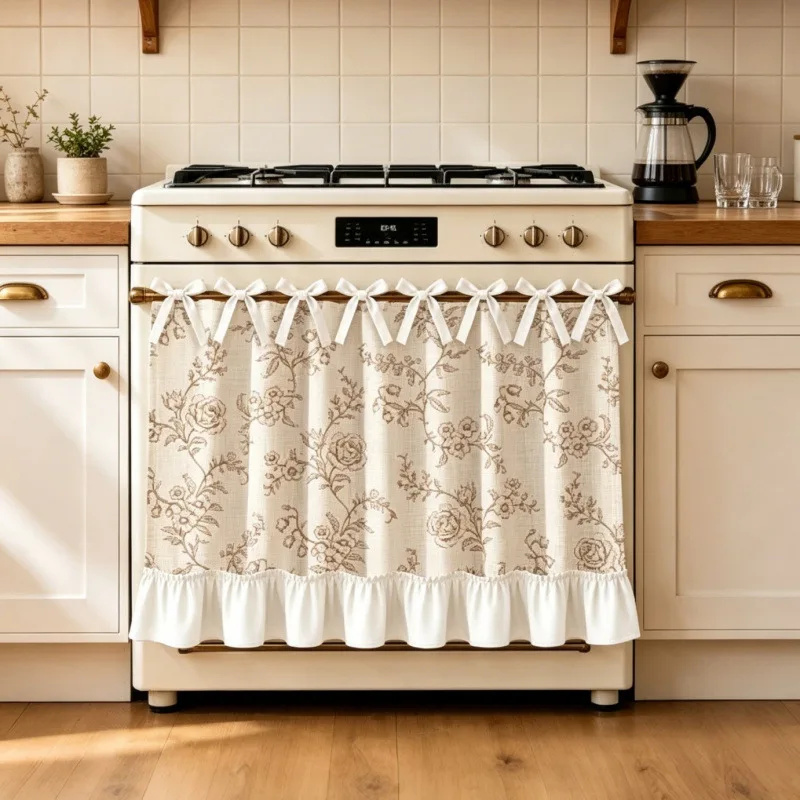 Farmhouse Cabinet Curtain Cotton Linen Tie‑Up Short Curtain Ruffled Edge Dust‑Proof Decorative Curtain for Kitchen Oven Cabinet