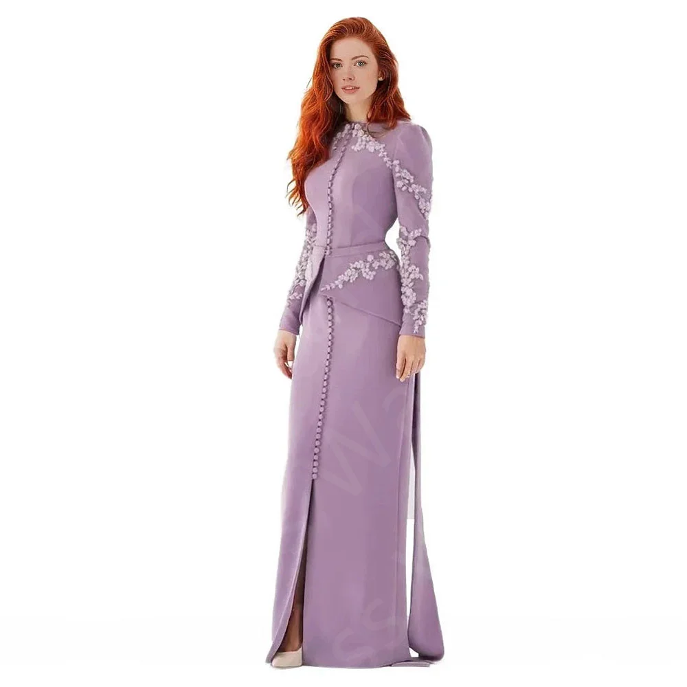 

Customized Vintage Light Purple Evening Dresses 2025 Arabic Prom Party Gowns Lace Long Sleeves Wedding Guest Dresses Front Slit