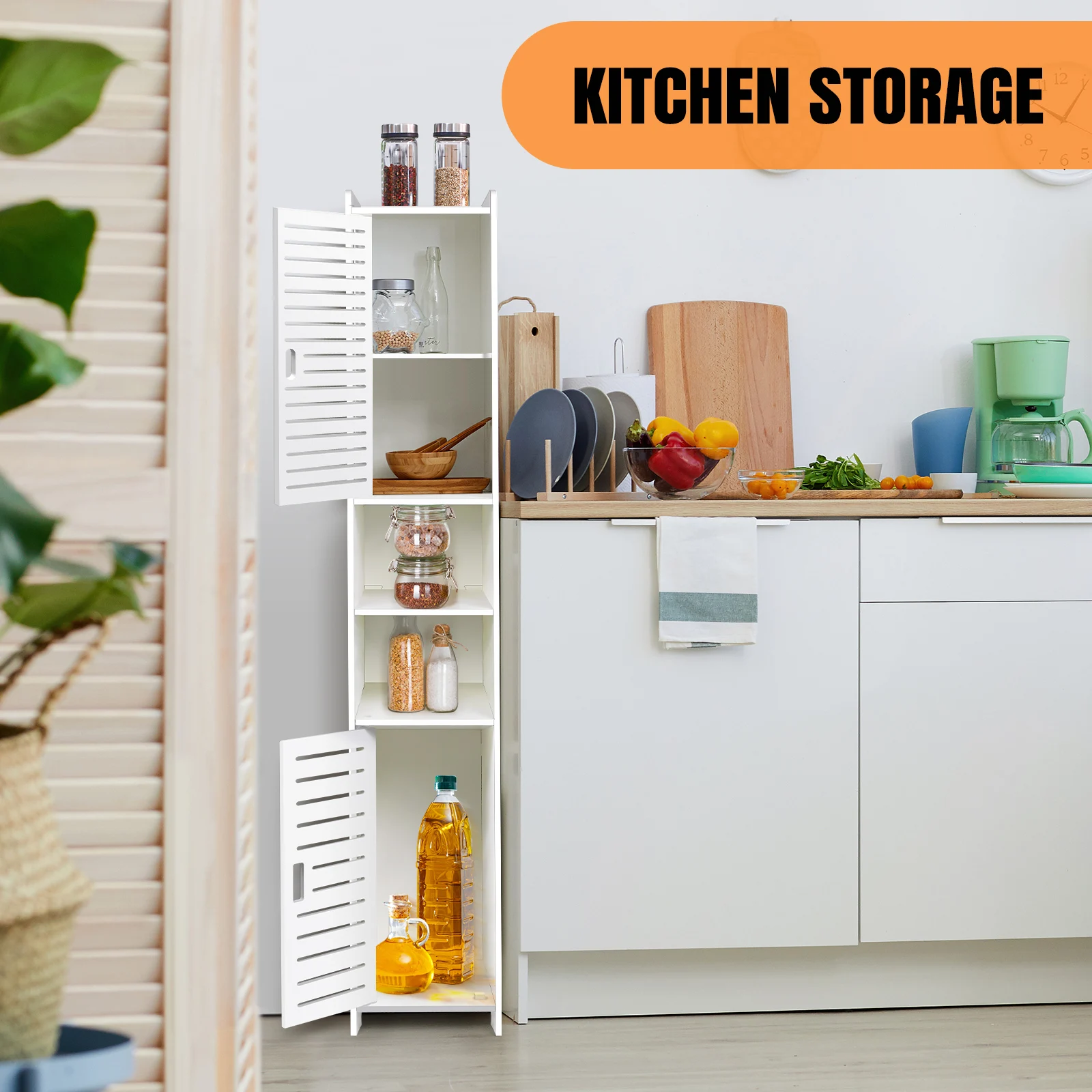 خزانة أرضية للحمام من 5 طبقات، خزانة تخزين بيضاء رفيعة مع باب ورفوف، خزانة تخزين قائمة بذاتها، مقاومة للماء