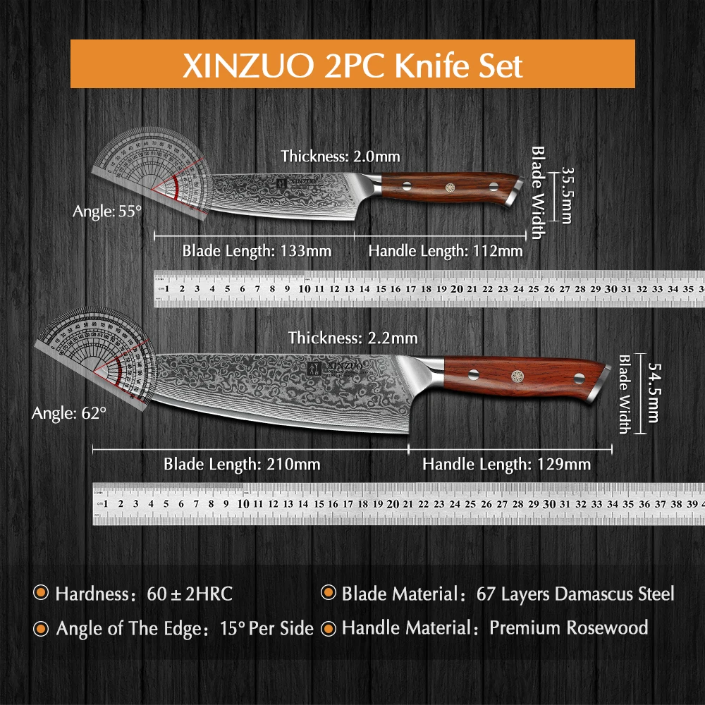 XINZUO 2 sztuk zestaw nóż szefa kuchni Damascus Steel Chef Cutter Utility noże sztućce kuchenne ze stali nierdzewnej uchwyt z palisandru