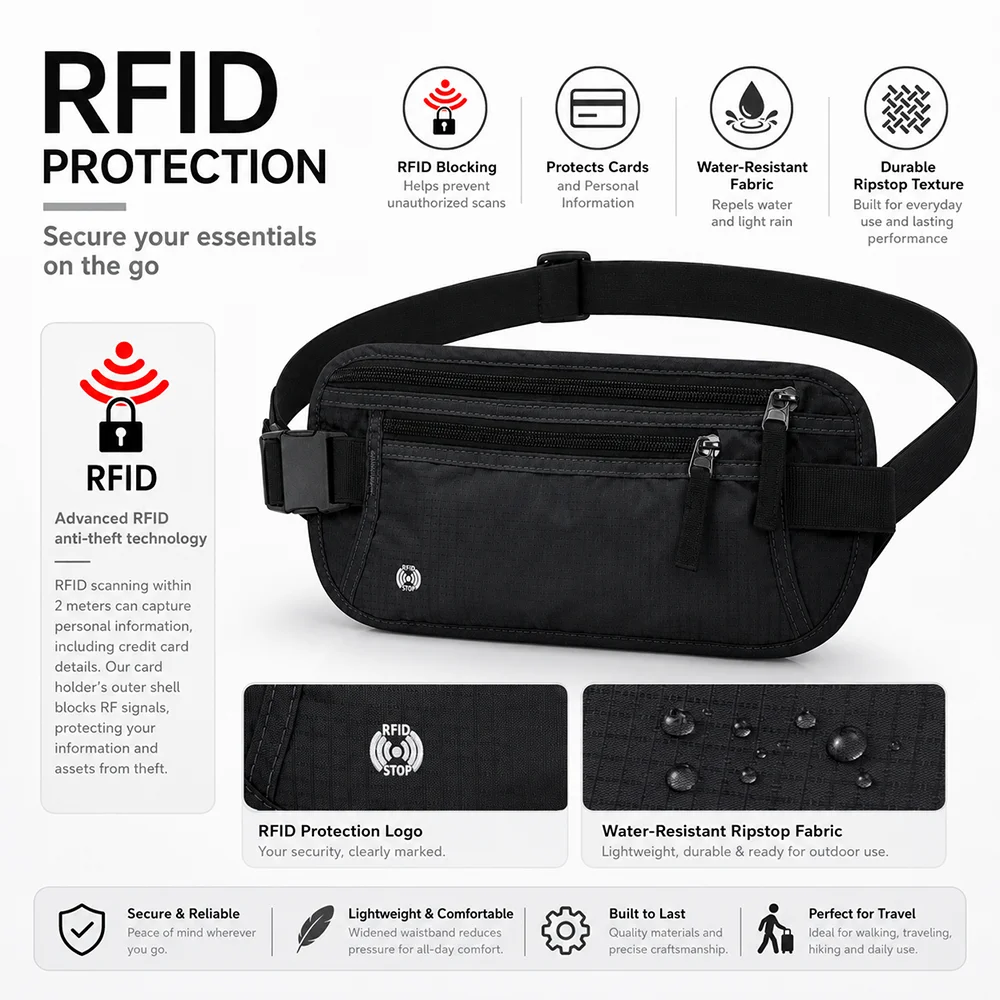 Men Hidden Belt Bag for Travel Anti Theft RFID Passport Wallet Holder Outdoor Sports Waist Bag Hidden Security Wallet view 3