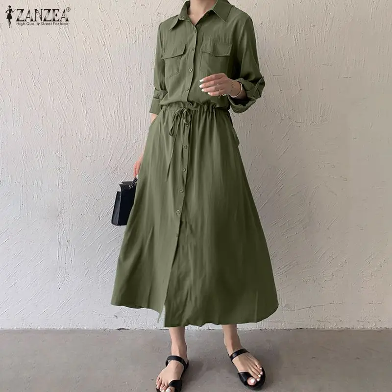 ZANZEA Frauen Langes Hemd Kleid 2026 Mode Elegante Party Vestidos Revers Langarm Kordelzug Casual Solide Street Robe 3XL