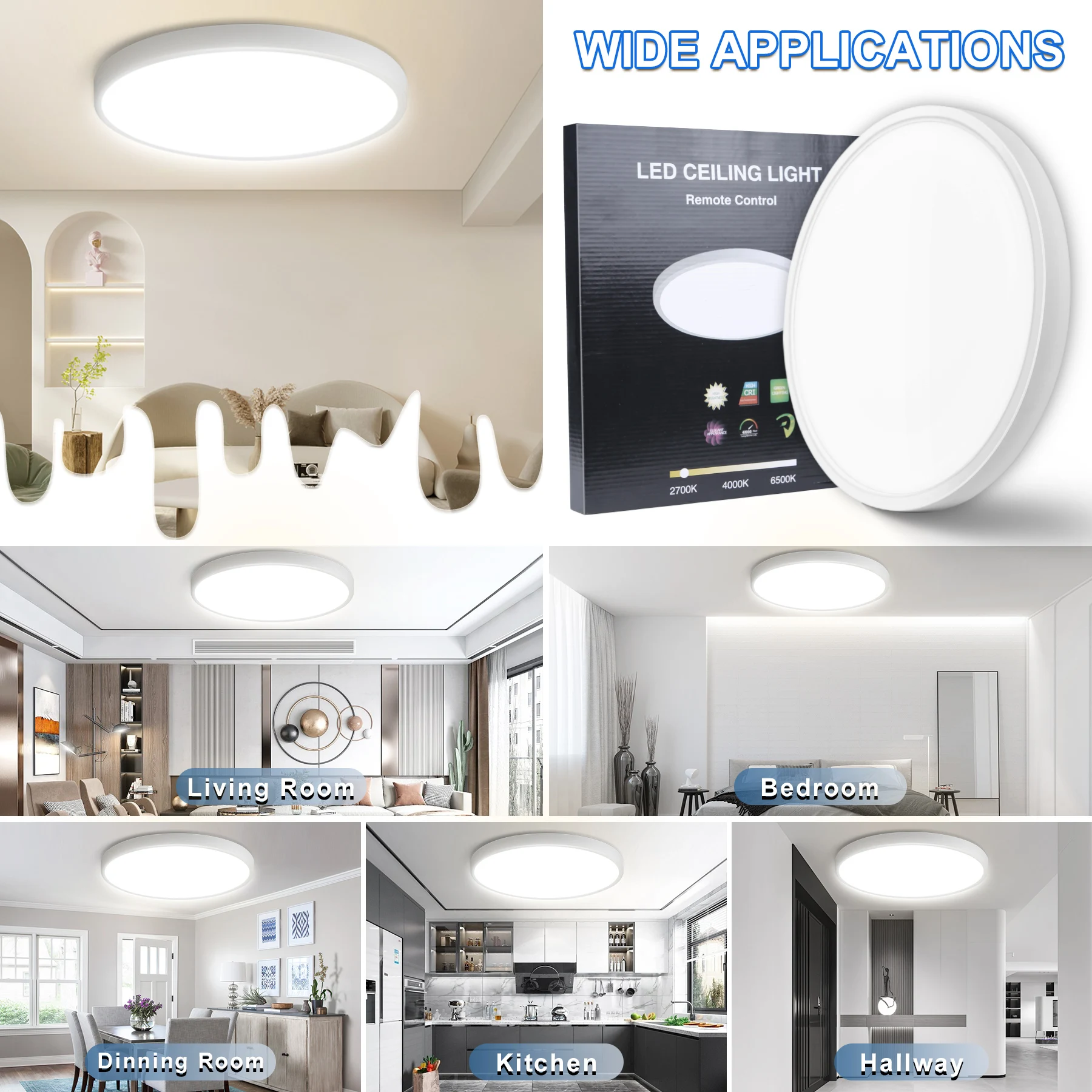 LED Ceiling Lamp 85-264V Three Proof Ceiling Light Fixture 24W Remote Control Tricolor Dimming Circular Lights for Room