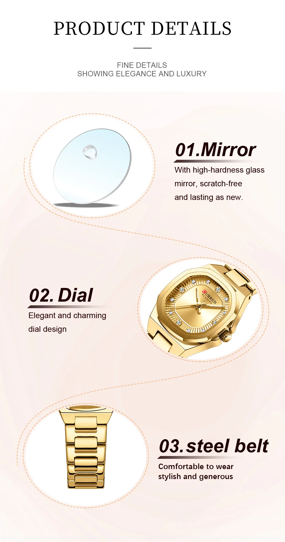 CURREN Gold Damenuhr mit Diamantakzenten, stilvollem Edelstahlband, elegantes Design, wird mit kostenloser Box geliefert – Detail 5