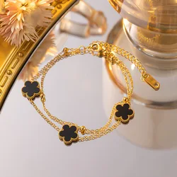 Tassel Chain Double Layer Plum Blossom Plant Five Leaf Flower Bracelet Acrylic New Design Stainless Steel Women's Jewelry Clover