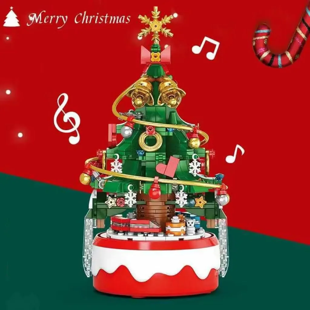 418PCS Christmas Tree Mini Blocks Rotating Music Box Light Ornaments Boys And Girls Christmas Birthday Gift Toys for Childrens