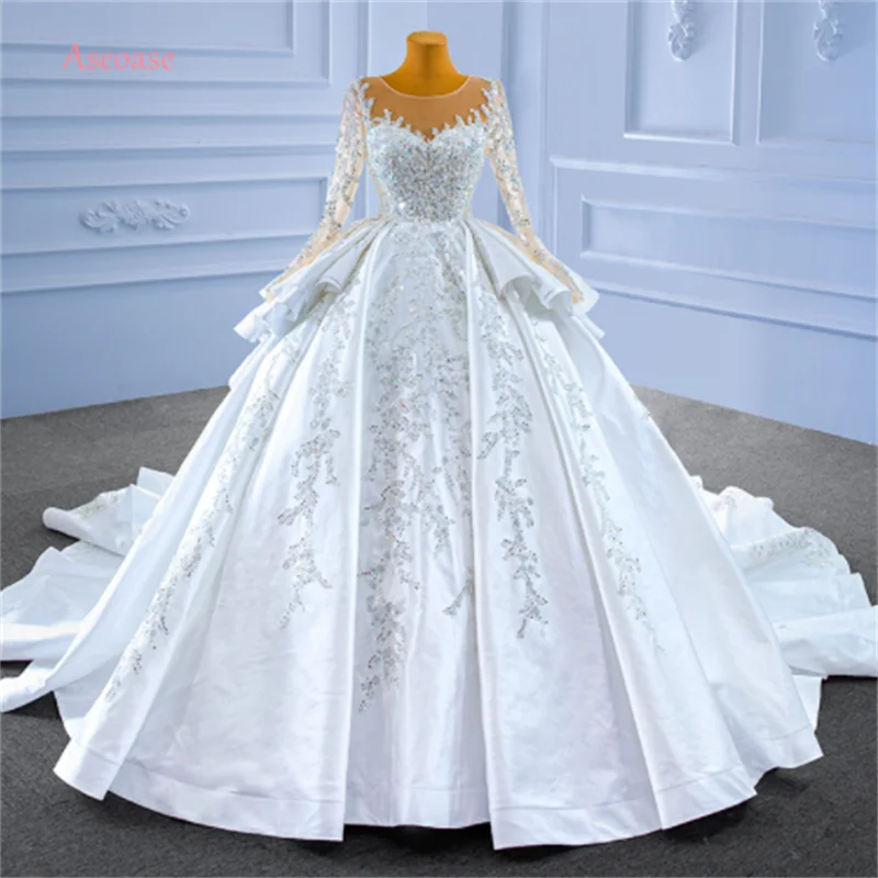 

Aseoase Real Photo Muslim Wedding Dresses Ball Gown Long Sleeves Beaded Pearls Dubai Arabic Luxury Wedding Gown Bridal Dresses