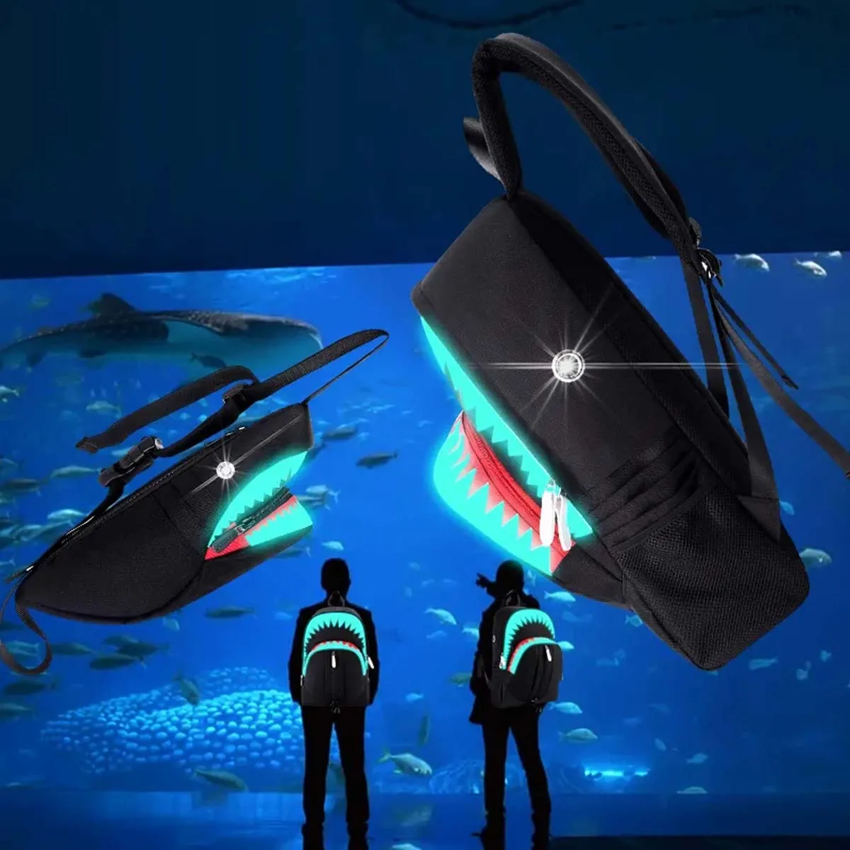 Night Luminous Shark Mouth Pattern Daily Knapsack Teenagers School Bags Large Capacity Travel Bag Causal Men USB Laptop Backpack