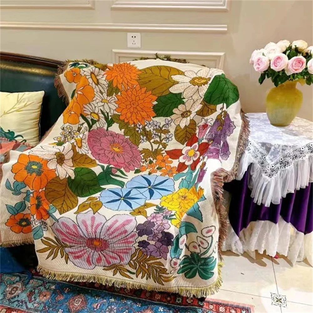 Ins Retro Flower Plant Thread Blanket Throw Tapestry Sofa Cover Picnic Camping Blanket Nap Leisure Bedspread