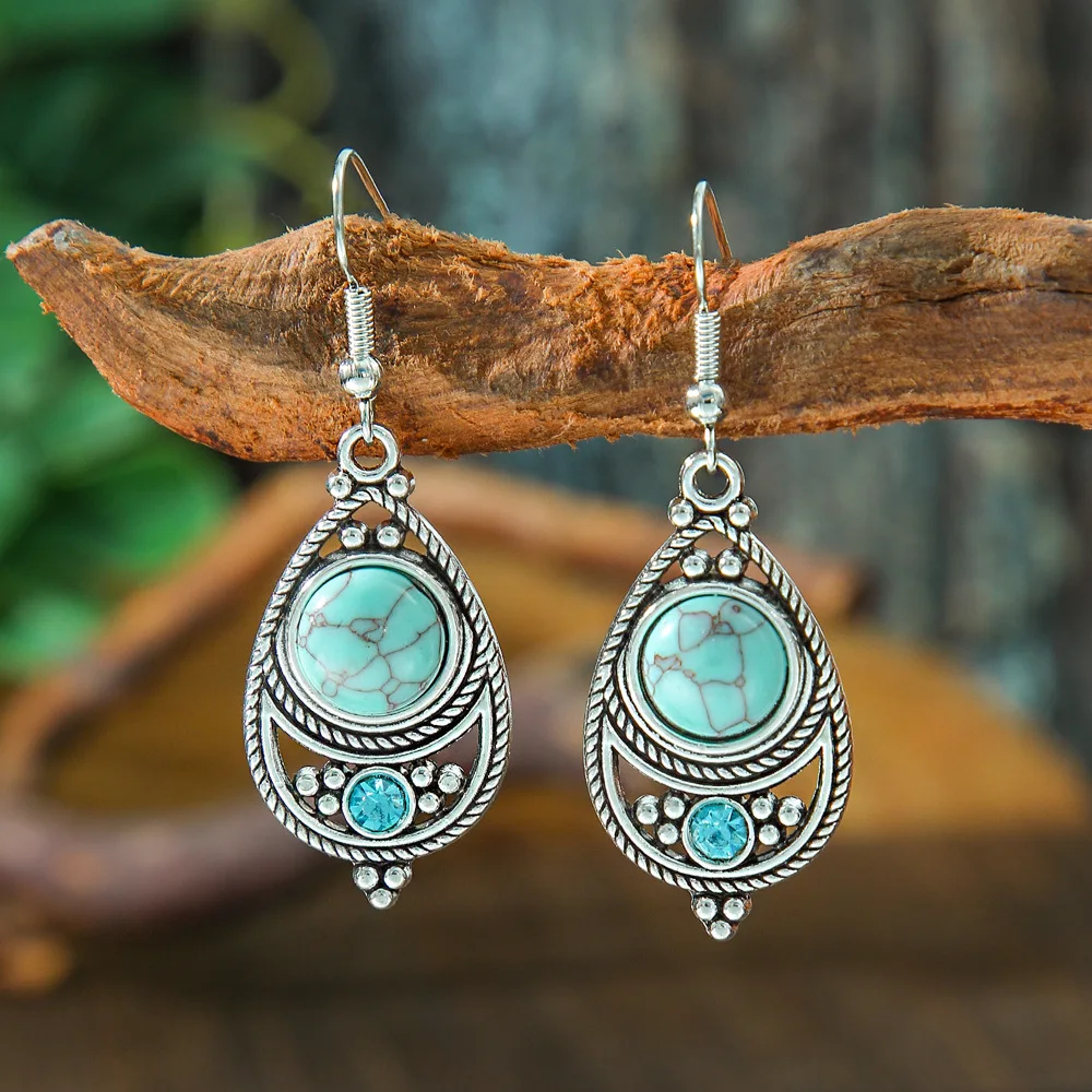 Boho Blue Stone Turquoises Earring for Women Antique Silver Metal Crystal Water Drop Earrings Vintage Fashion Jewelry