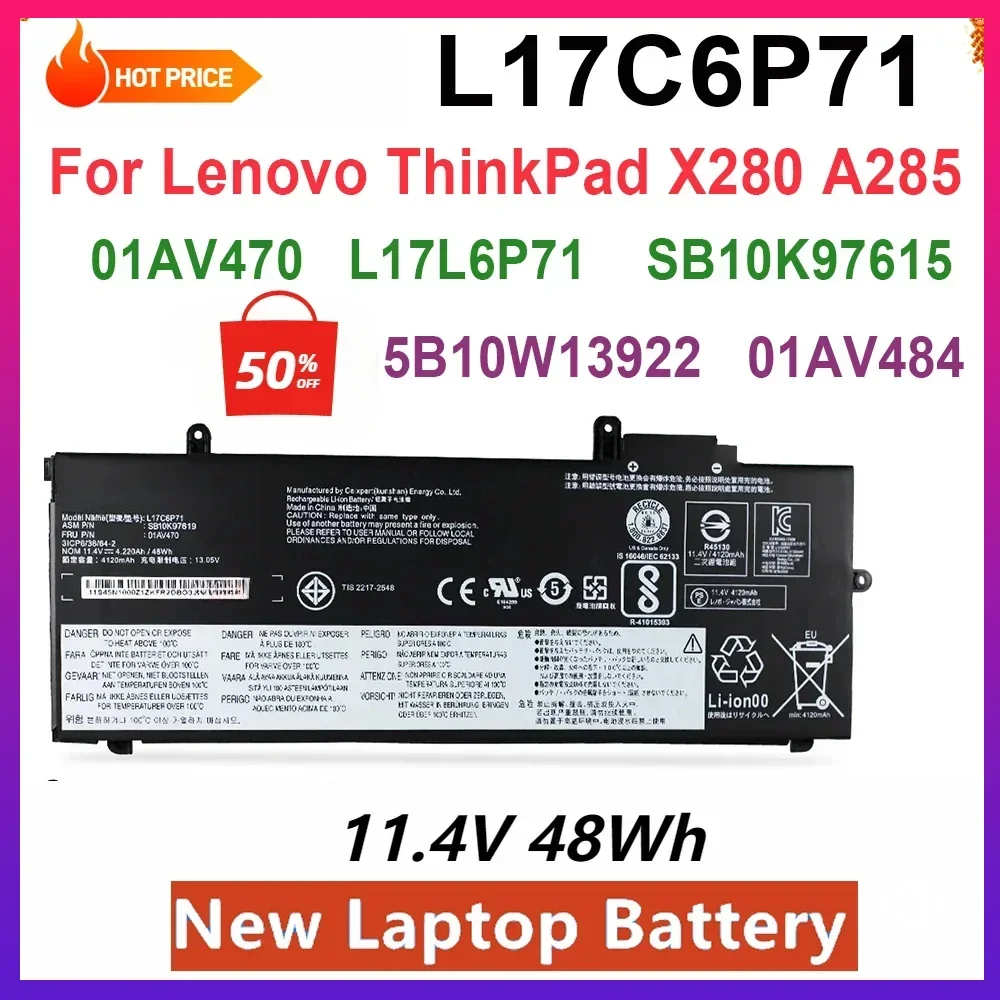 

New L17C6P71 Laptop Battery for Lenovo ThinkPad X280 A285 Series SB10K97619 01AV470 01AV471 L17L6P71 L17M6P71 SB10K97617 48Wh