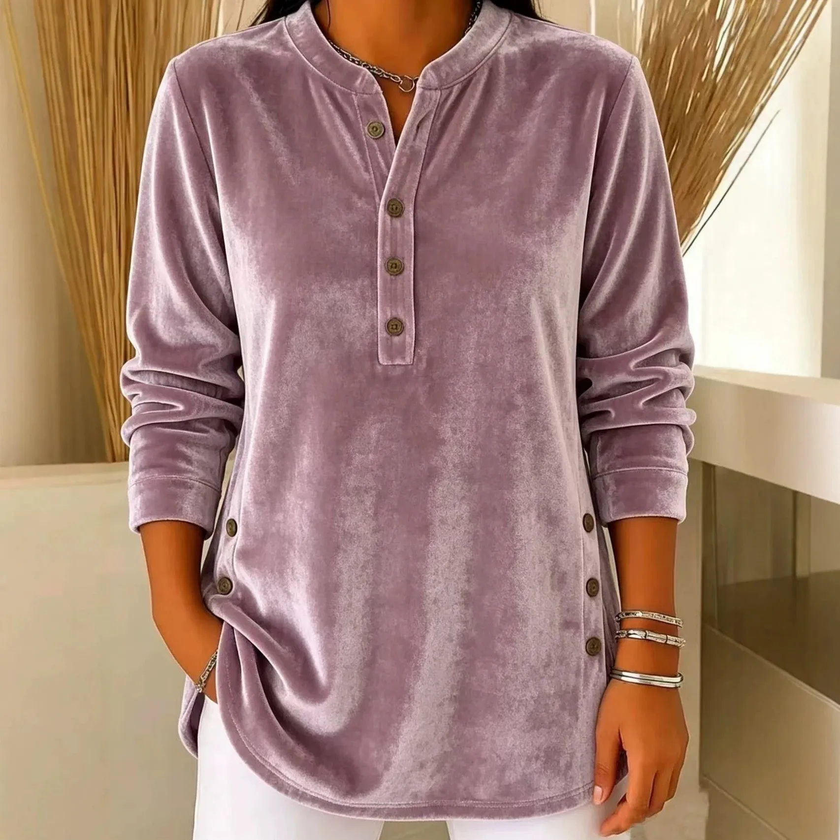 Women's Winter Blouse Longsleeve Velvet V Neck T Shirt Casual Split Hem Patchwork Top Light Blue Dusty Pink Lavender Purple view 3