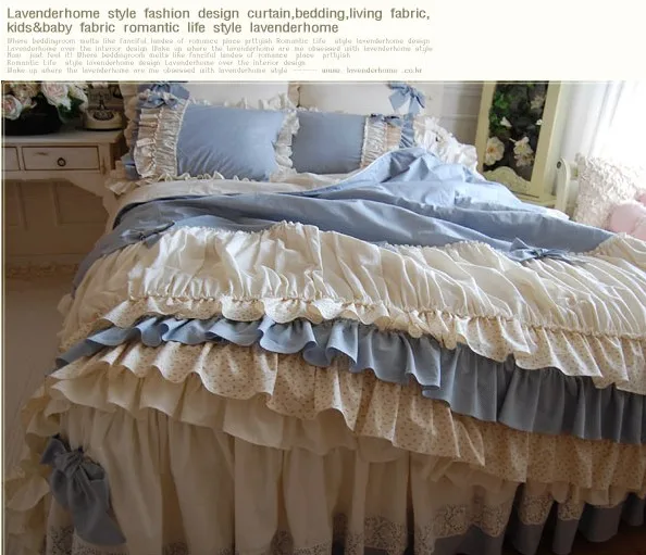 High End Luxury Bedding Set Egyptian Cotton Blue Plaid Cake Layers Lace Ruffle Bowknot Duvet cover Bed skirt Linens Pillowcases