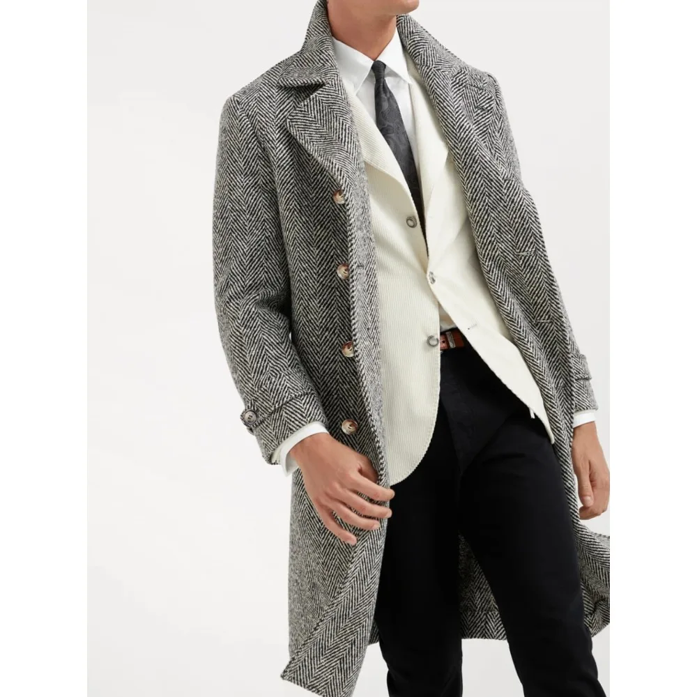Trench da uomo a spina di pesce Cappotto lungo doppio petto Cappotto invernale caldo colletto con risvolto Capispalla moda casual formale da lavoro