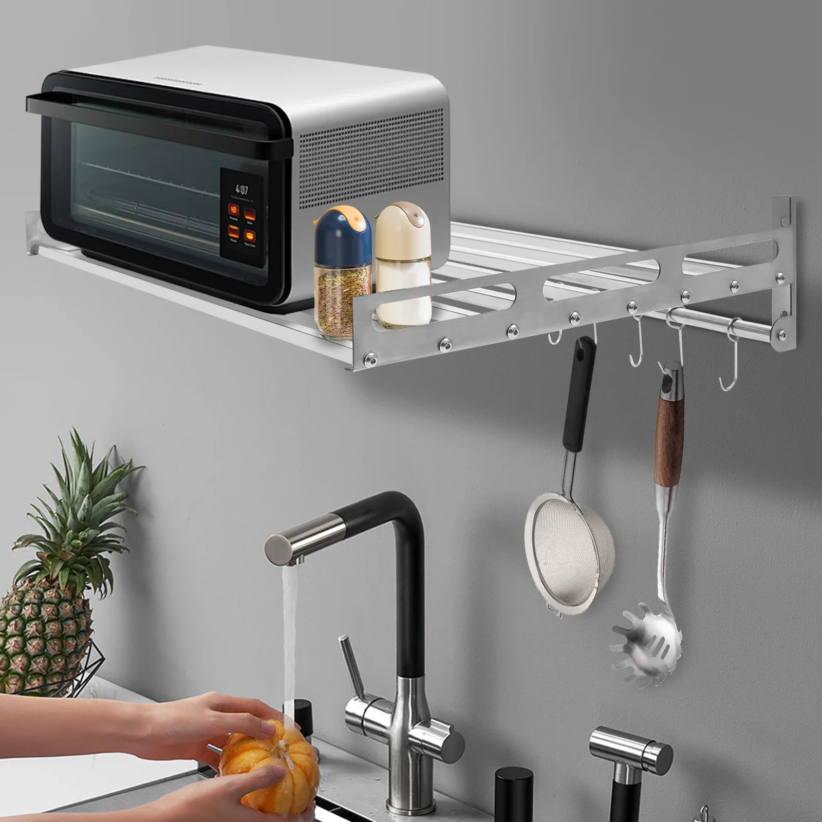 

Настенный кронштейн для духовки с 12 крючками, установка для сверления полки для микроволновой печи, нагрузка 110 фунтов, 60*40*14 см, настенная полка, держатель для плиты