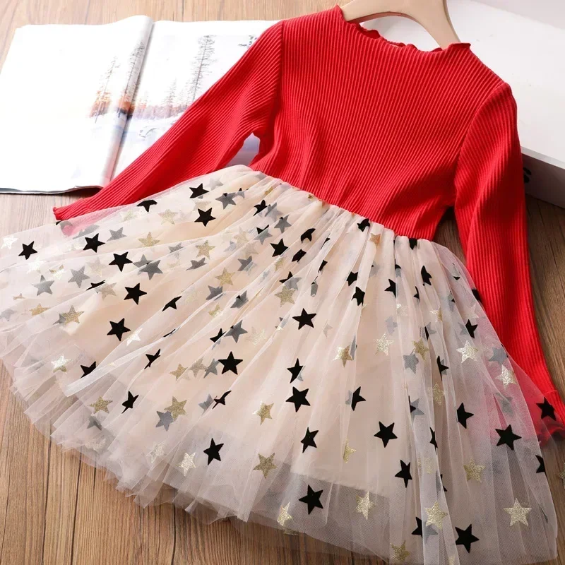 New Girl Autumn Winter Long Sleeve Dress Star Sequin Party Princess Dress Children Casual Clothing Fashion Knitted Tutu Clothing