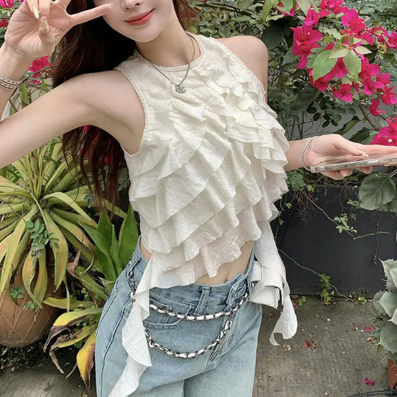 Stylish Ruffles Spliced Irregular Blouse Summer Slim Sleeveless Women\'s Clothing Korean Solid Color Hotsweet Asymmetrical Shirt