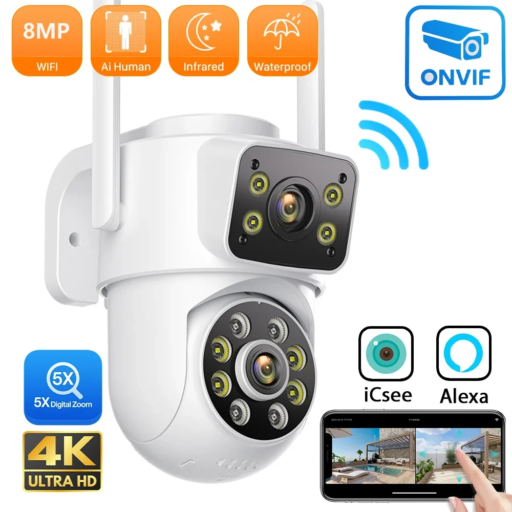 

PANEPO Dual Lens Dual Screens Wifi Camera 8MP 4K ICSEE Outdoor Surveillance Camera Human Detection Night Vision 4MP Security CAM