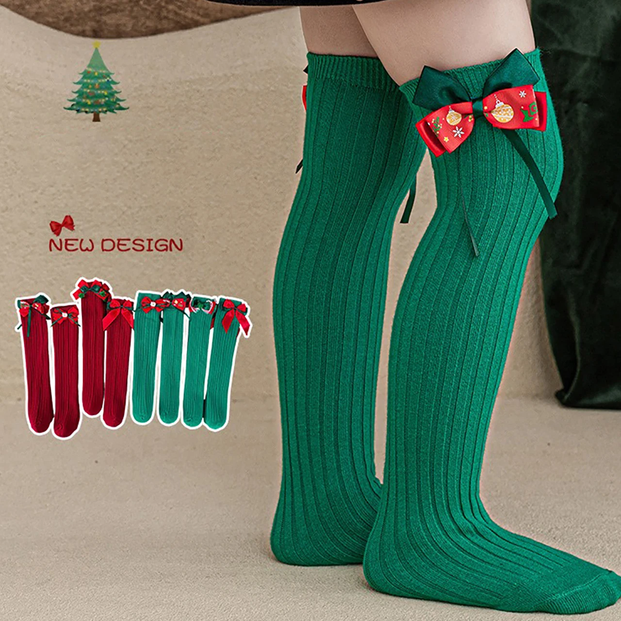 Baby Christmas Stockings Red Bow Long Socks 0-12Year Girl Calf Sock Winter Warm Knitted Stockings Cotton Children Knee-high Sock