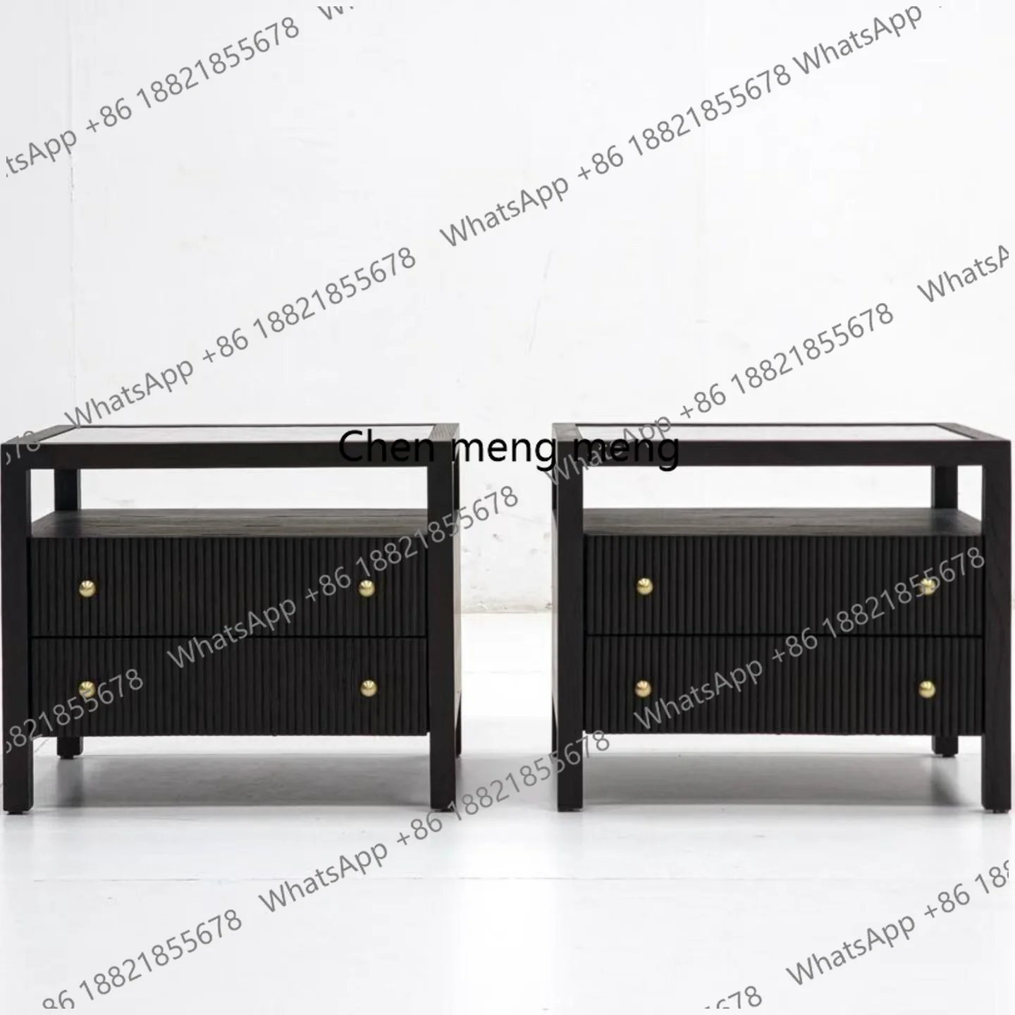 

Vintage Style Black Solid Wood Marble Bedside Table with Double Row Drawers for Storage in Bedroom