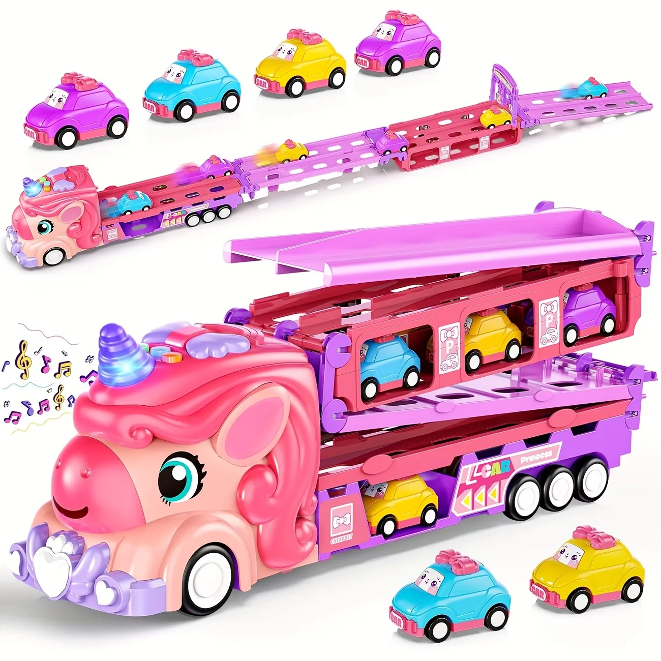 

Pink unicorn transport catapult track toy car, foldable storage, car toys with lighting and music effects, including 6 mini cars
