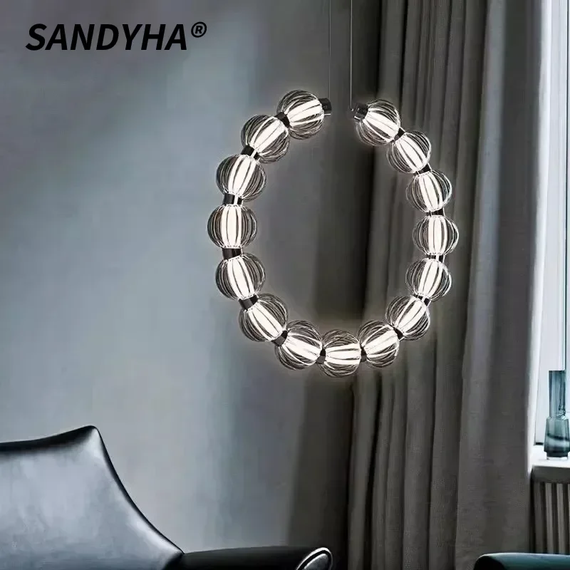 SANDYHA Modern Minimalist Chandelier LED Pendant Light with Glass Beads Ideal for Bedroom Living Room Dining Table Stylish Home