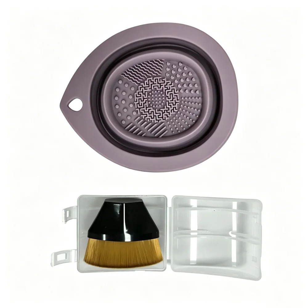 vvocci No-trace Foundation Brush Non-absorbent Silicone Set Makeup Tools Foundation Brush Folding Cleaning Bowl view 3