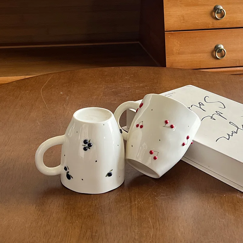 Hand Painted Sakura Blueberry Peach Ceramic Cup Under Glaze Exquisite Tableware for Home Coffee Shop Afternoon Tea