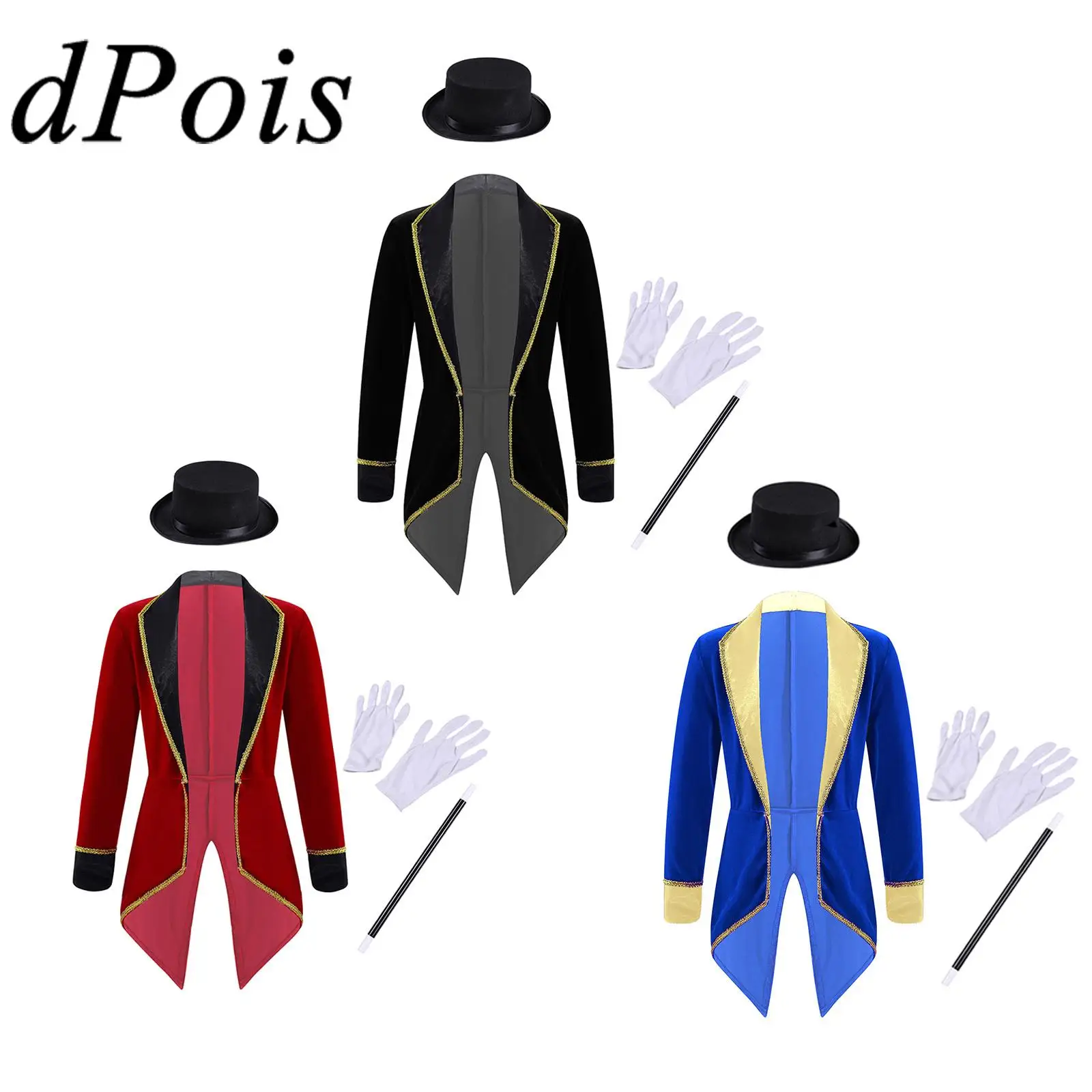 Traje de Cosplay de mago Showman para niños, abrigo de cola + sombrero, conjunto de guantes de varita mágica, disfraz de maestro de ceremonias de circo para actuación infantil