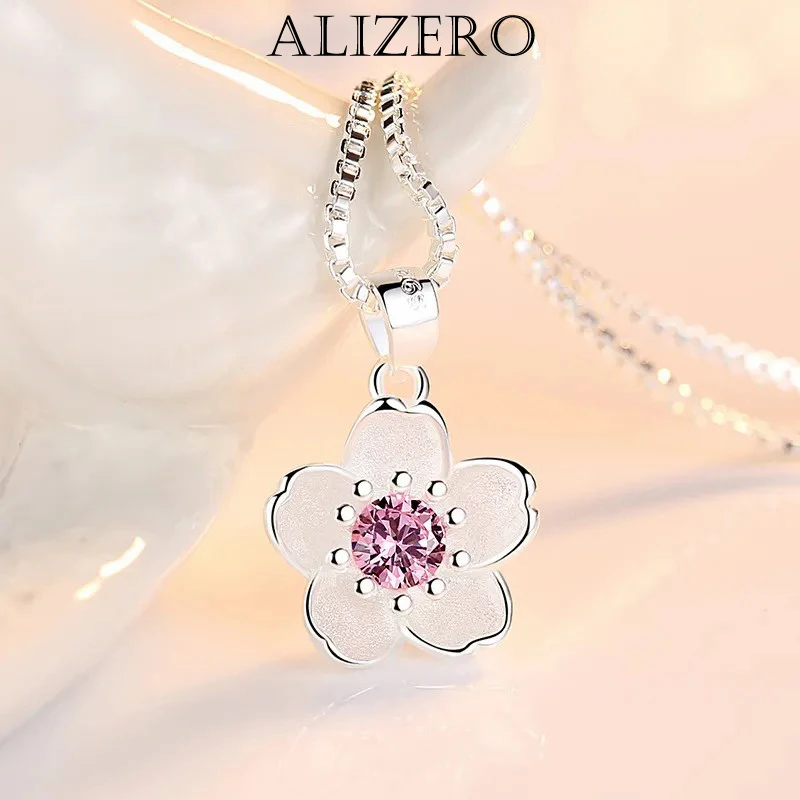 ALIZERO 925 Sterling Silver Pink Purple Peach Blossom Necklaces For Women Girl Cute Zircon Pandant Necklace Luxury Jewelry