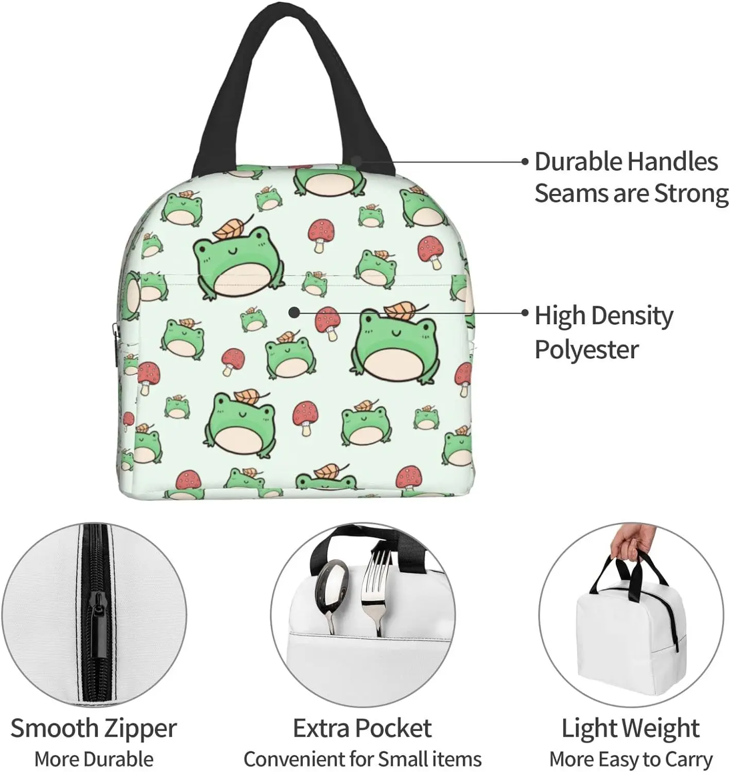 Lunch Bag isolado para mulheres, bonito sapo verde e cogumelo, lancheira reutilizável, refrigerador térmico, recipiente de sacola, piquenique, compras