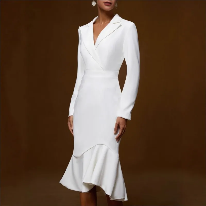 Abito da pendolarismo alla moda 2025 Vita alta Slim Tinta unita Casual Volant Abito a coda di pesce Scollo a V Manica lunga Serata di festa per signora