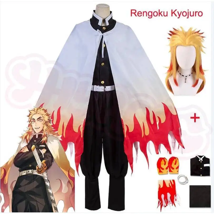 アニメ-鬼滅の刃-煉獄杏寿郎-コスプレ衣装-鬼滅の刃-ローブスーツ-大人子供用ウィッグ-コスプレ衣装-パーティー