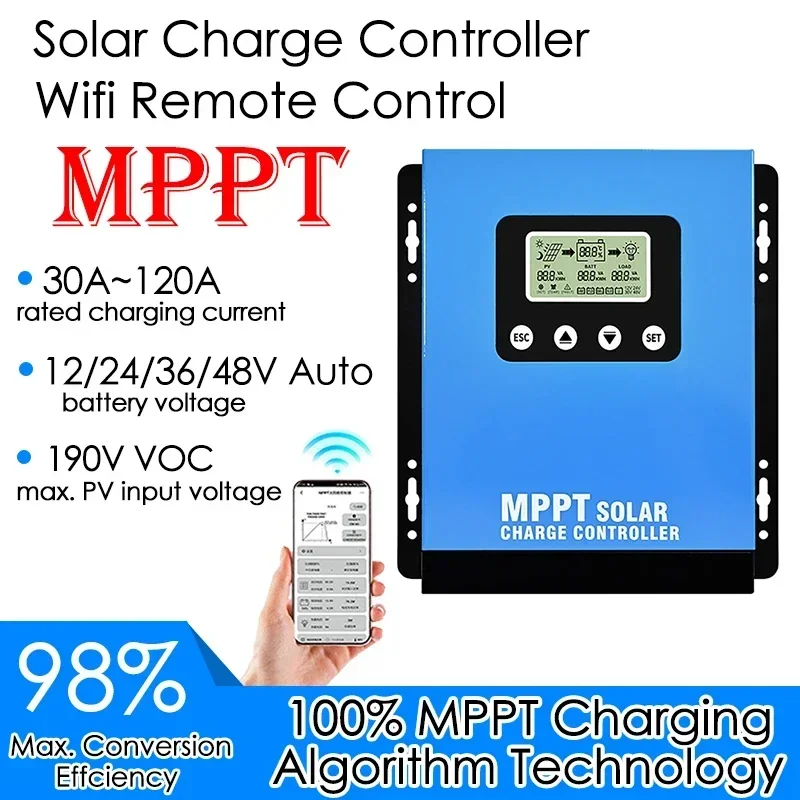 12/24/36/48V MPPT Solar Charge Controller 190VDC 30A 40A 50A 60A Solar Panel Battery Regulator Support Wifi Remote Control