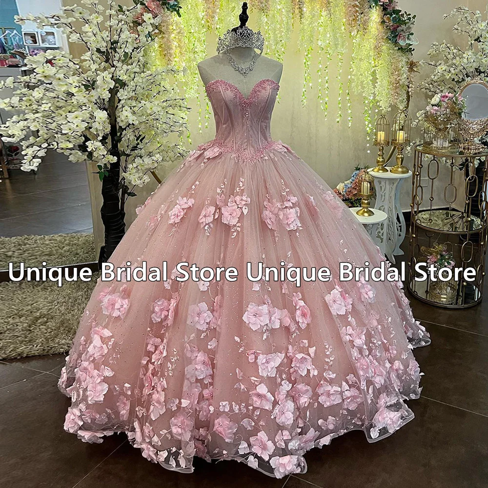 Vestido de baile de quinceañera, corsé, vestidos de fiesta de cumpleaños, cuentas de corazón, flores 3D, encaje de tul dulce, 15 años