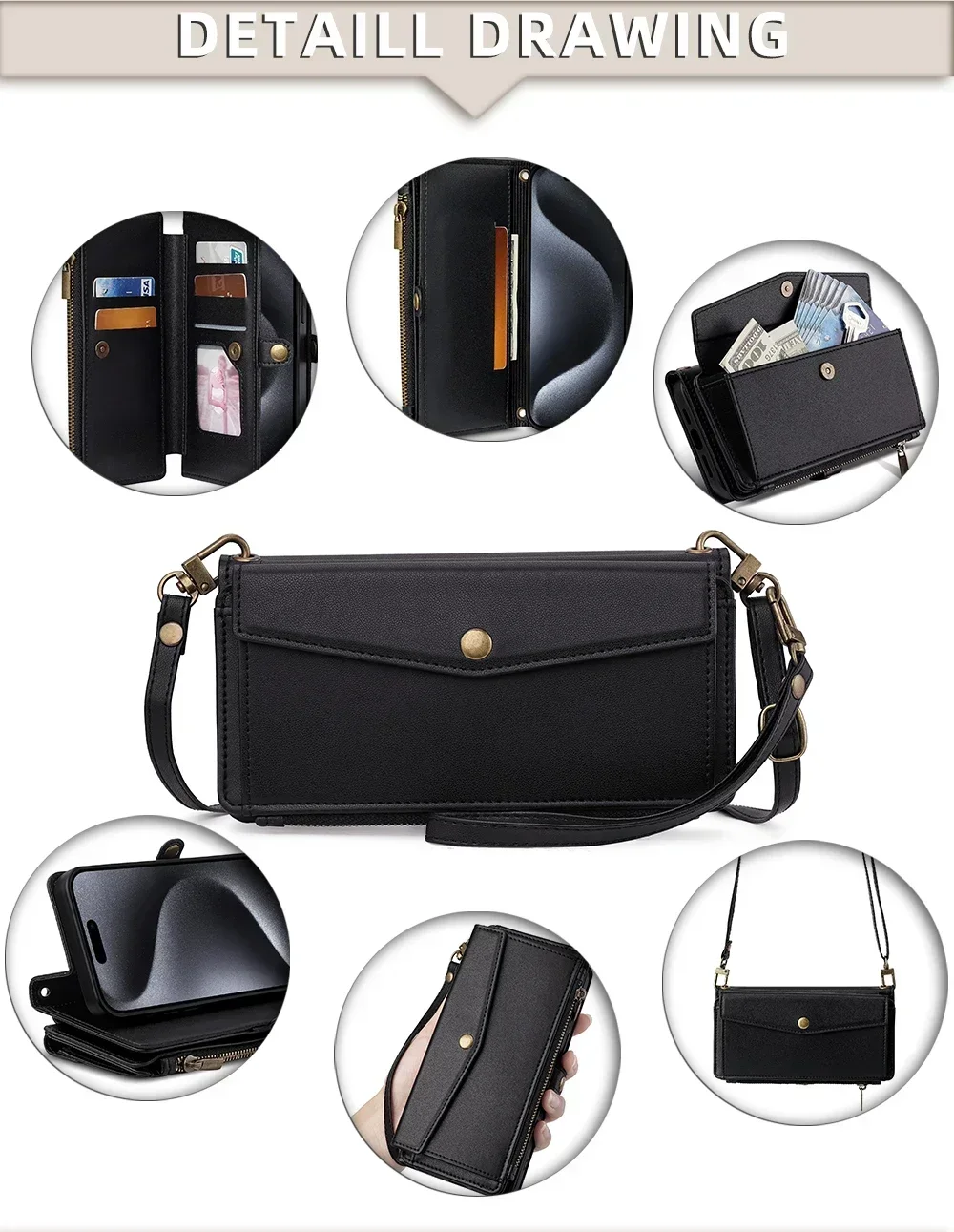 Reißverschluss PU-Leder Brieftasche Buchcover Handyhüllen für iPhone 16 16E 17 Air Pro Plus Max Flip Cover Multifunktionale Berging Bags – Detail 3