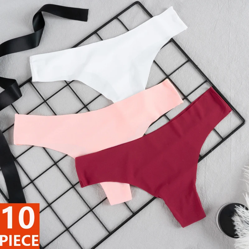 10 Pcs/Set Women Sexy Seamless G-string Low-Rise Ladies Lingerie Seamless Underpants Solid Color Female Panties Thong