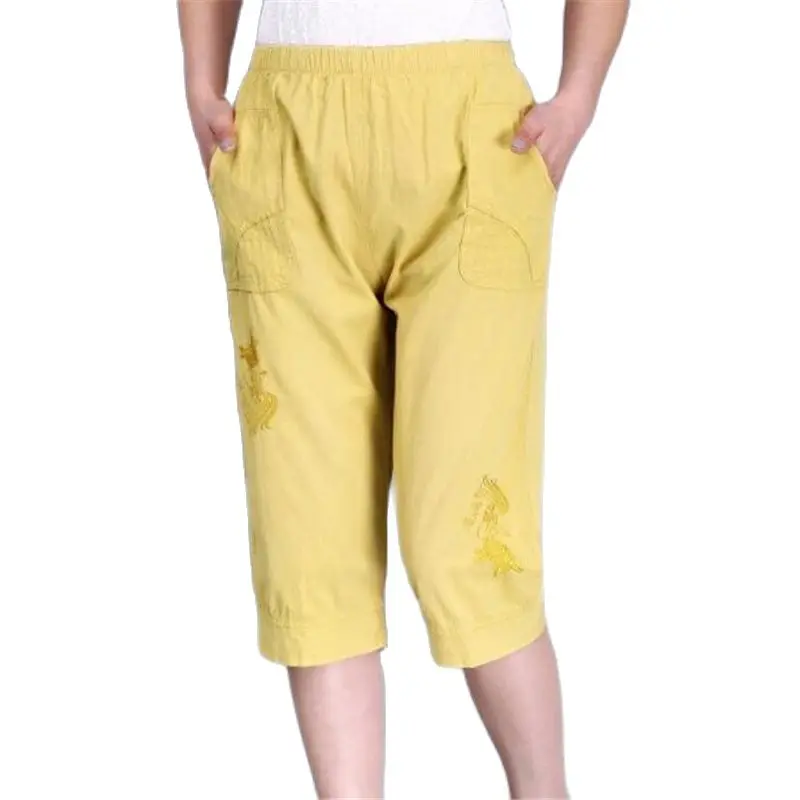 Donna primavera vendita calda 100% cotone pantaloni donna estate vendita calda pantaloni sottili donna elastico in vita Capris Lady lunghezza al ginocchio