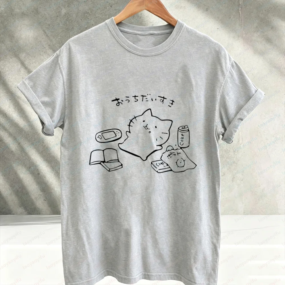 Japanese Hikikomori Lazy Cat Graphic T‑Shirt Cute Line Art Otaku Game Book Snack Print Short Sleeve Cotton Casual Streetwear Tee