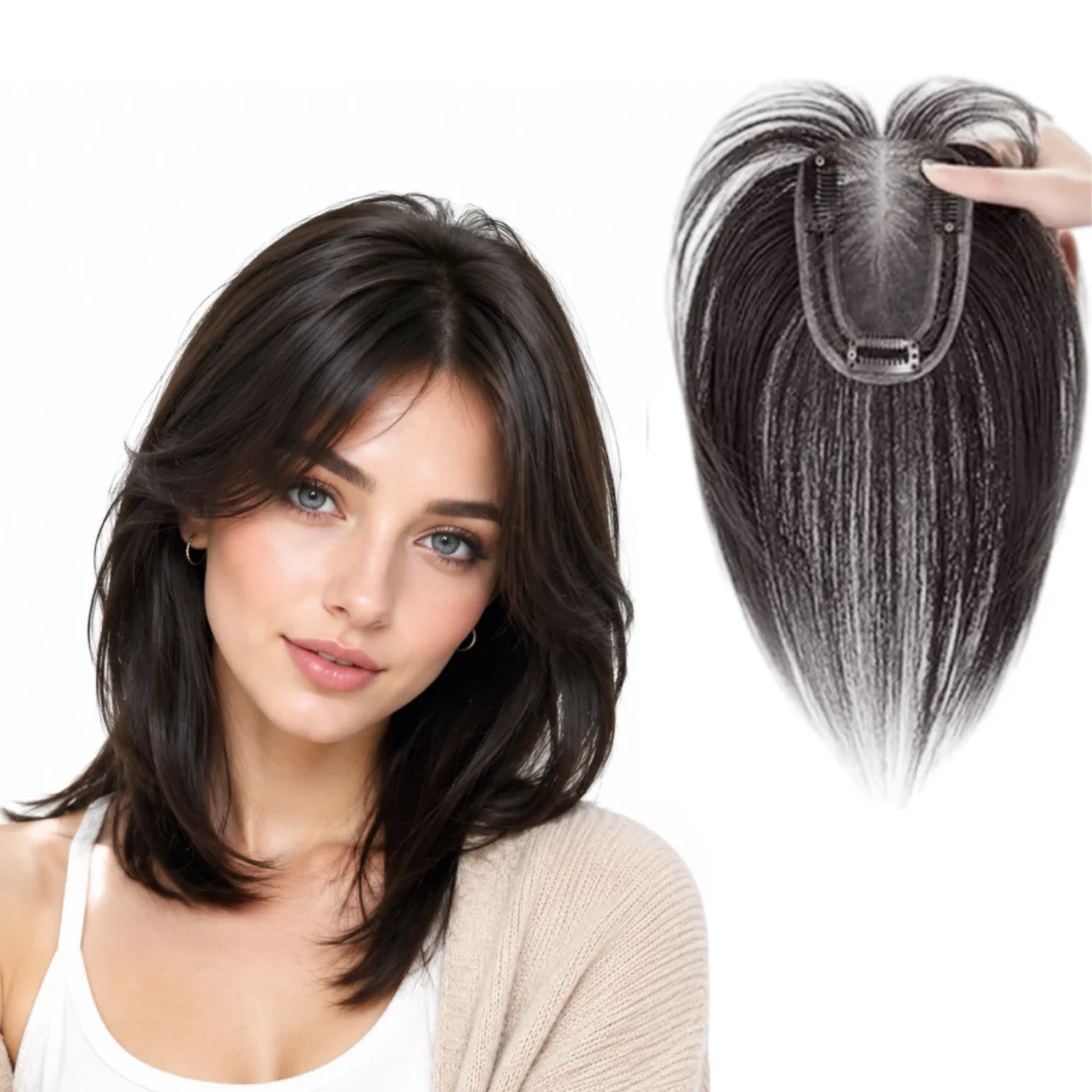 女性用目に見えないシームレス人毛ヘアピース-自然なふわふわバングス-360度カバー-°-薄毛対策用クリップ式ヘアピース
